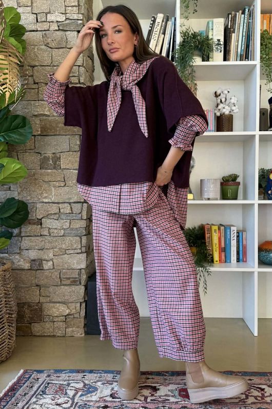 Donald Plaid Brushed Cotton Neckerchief Blouse Pink